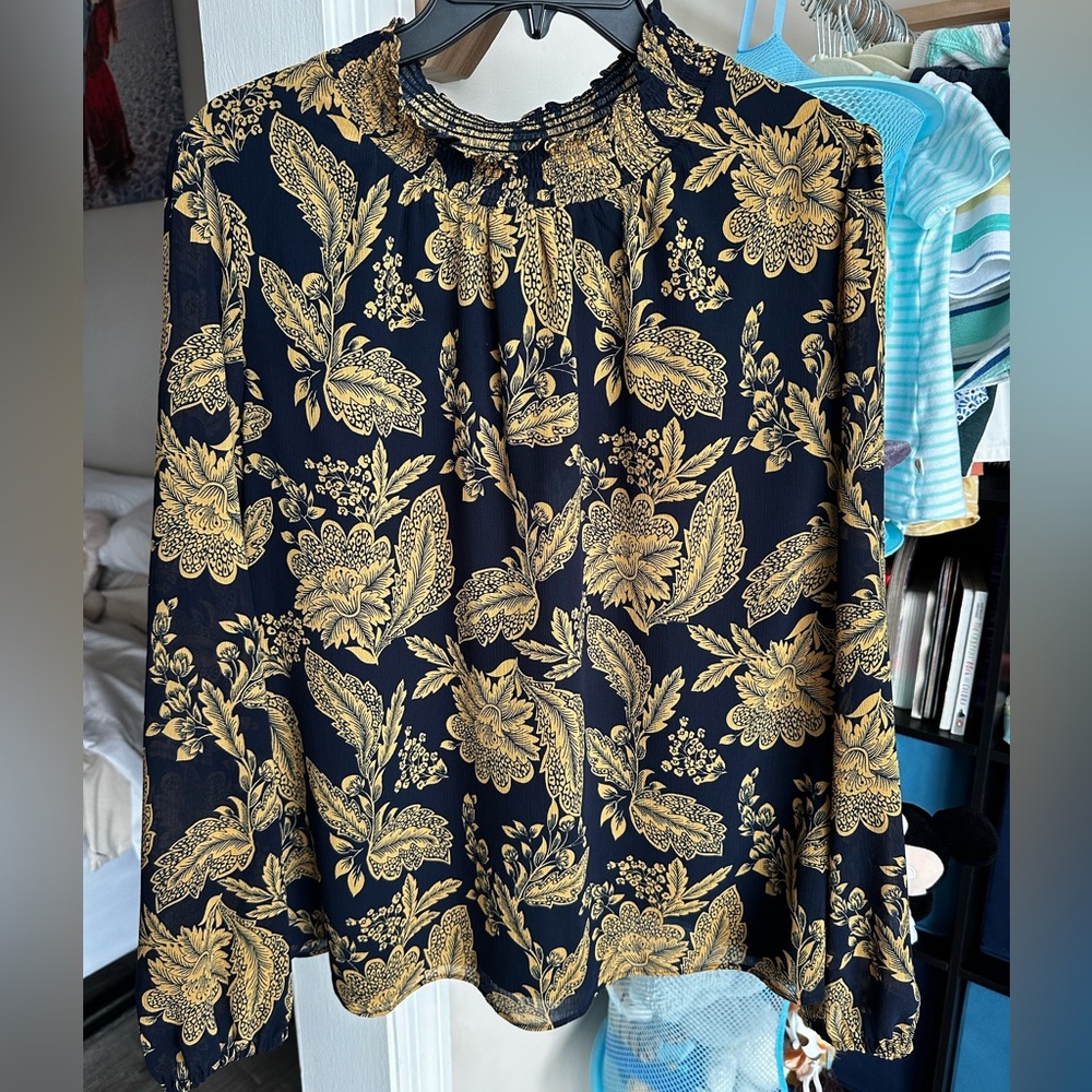 J. Crew Gold and Navy Graphic Long Sleeve Blouse